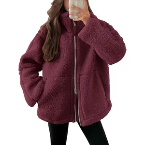 Premium oversized warm burgundy teddy fleece jacket for women featuring a double zipper closure