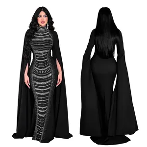 Vista delantera y trasera de un elegante vestido de noche negro con pedrería plateada