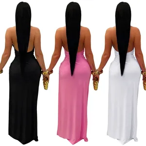 Detailed back view of sexy halter backless maxi dresses in black, pink, and white colors