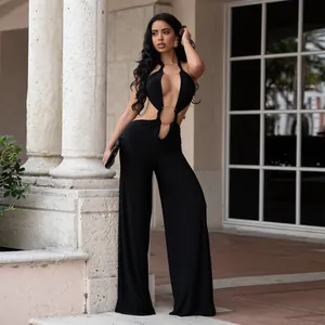 Elegant black halter-neck jumpsuit featuring sexy cut-outs and a sophisticated wide-leg fit