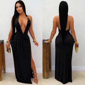 Sophisticated sexy black halter evening gown featuring deep V-neck and dramatic high leg slit