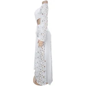 Side view of elegant white lace maxi dress with sexy mesh details and high side slit