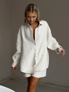Casual white oversized long sleeve cotton shirt and shorts set for women