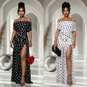 Damen Schulterfrei Gepunktet Gerafft Maxi Kleid Elegant Schlitz Körpernah Bankett Party Abendkleid Ärmellos Polyester Netzgewebe