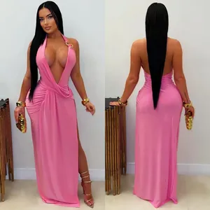 Front and back view of a sexy pink deep V-neck halter backless maxi dress.