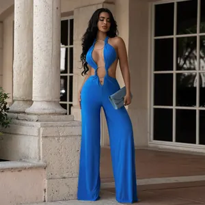 Elegant blue backless halter neck cut-out jumpsuit with wide leg design for women