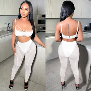 Detailed front and back view of white mesh two-piece bralette and pants set