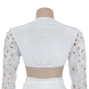 Back view of white lace long sleeve crop top with intricate floral mesh detailing