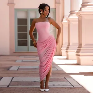 Elegant pink strapless ruched midi dress featuring a corset bodice and draped skirt