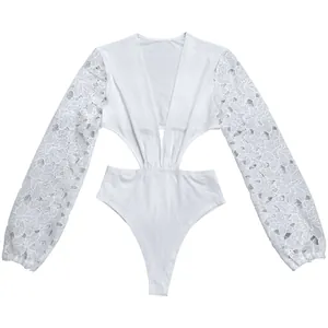 Detail view of a sexy white bodysuit with lace sleeves and deep V-neck cut-outs.