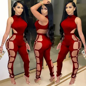A detailed front and side view of a sexy red hollow-out jumpsuit with metal ring accents