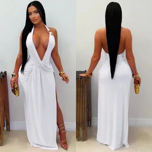 Detailed front and back views of a white halter maxi dress with a plunging V-neckline