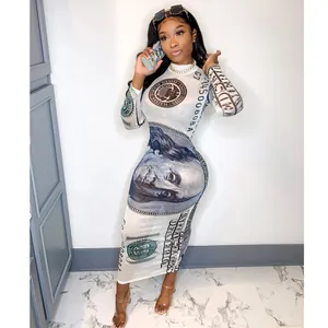 Detailed view of sexy mesh transparent midi dress with $100 bill currency print