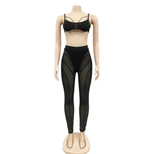 Two-piece black sexy outfit featuring sheer mesh leggings and a strappy tube top bra