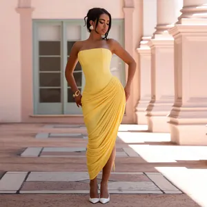 Elegant yellow strapless ruched maxi dress with draped side detail for formal events