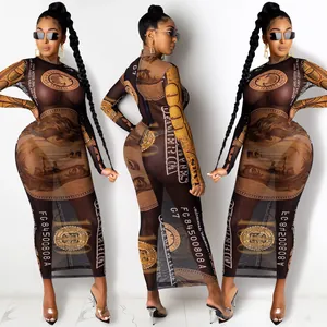 Sexy sheer mesh long sleeve maxi dress featuring an all-over dollar bill currency print