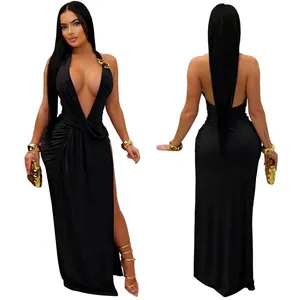 Sexy black halter neck maxi dress with deep V-neck and backless design for evening events.
