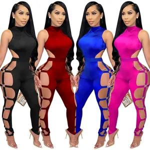 Sleeveless sexy hollow-out clubwear jumpsuit available in black, red, blue, and rose pink