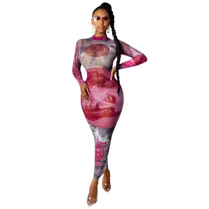 Sexy bodycon sheer mesh maxi dress featuring a vintage pink dollar bill print