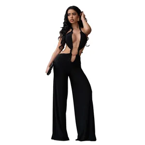 Sexy black backless cut-out jumpsuit for women with deep V-neck and metal ring details