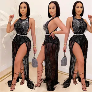 Sexy Women Rhinestone Sequin Tassels Mesh Dress Halter Backless High Split Nightclub Party Top And Bottom Two Piece Set
