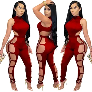 Detailed visual of a sexy red hollow-out backless jumpsuit for nightclub party fashion