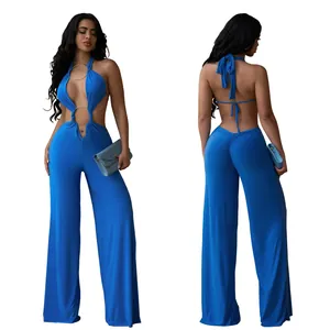 Detailed back and front view of sexy blue cutout halter jumpsuit with wide leg design