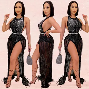 Sexy nightclub two-piece dress with hot-fix rhinestones, sequins, and long mesh tassels