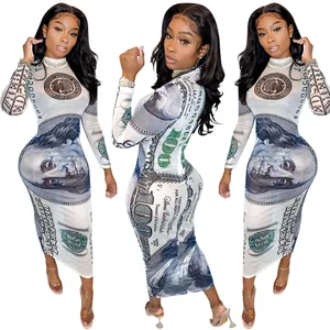 Detailed view of the sexy sheer mesh bodycon dress featuring a unique 100 dollar print