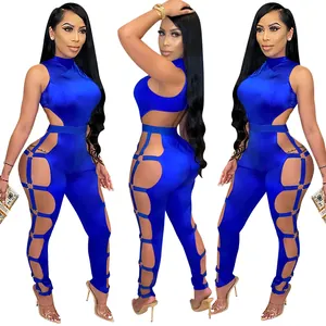 Sexy royal blue hollow-out backless bodycon jumpsuit featuring side metal ring details