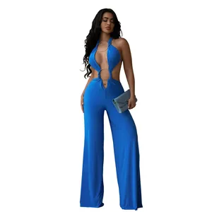 Sexy royal blue halter neck jumpsuit with waist cut-outs and wide legs detail view