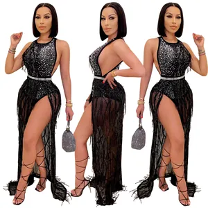 Detailed views of sexy black nightclub two-piece set featuring rhinestones and fringe details