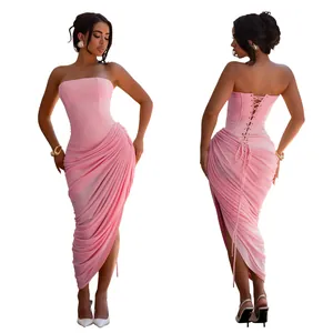Detailed front and back views of a sexy pink strapless ruched bodycon midi dress