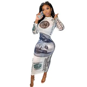 Close-up of sexy mesh long sleeve dress featuring realistic dollar bill pattern