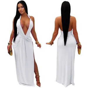 Sexy white deep V halter backless maxi dress with front and back view for detail