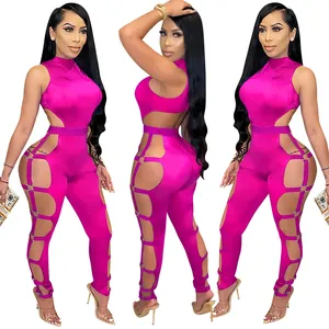 Three-view display of a sexy pink cutout jumpsuit with ring details and backless design.