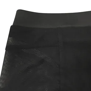 Macro detail showing the fine black mesh fabric and high elastic waistband texture.