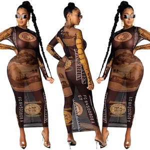 Detailed view of sexy see-through mesh maxi dress featuring dollar bill pattern print