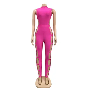 Sexy hot pink sleeveless cutout jumpsuit with high neck design for nightclub party wear