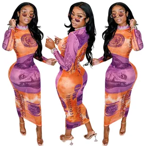 Detailed view of sexy mesh see-through bodycon dress with US dollar bill print