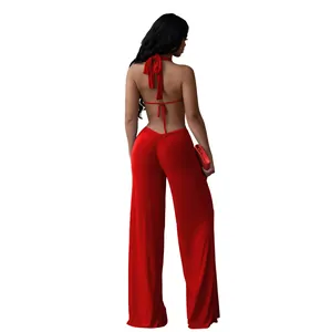 Sexy red backless halter jumpsuit with wide-leg design for women's evening fashion