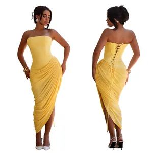 Front and back view of yellow strapless ruched corset midi dress with lace-up back