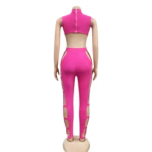 Detailed back view of pink sexy hollow-out nightclub two-piece outfit with side cutouts