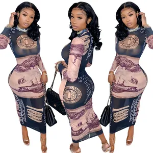 Detailed view of three models wearing sexy sheer mesh long sleeve dress with US dollar print