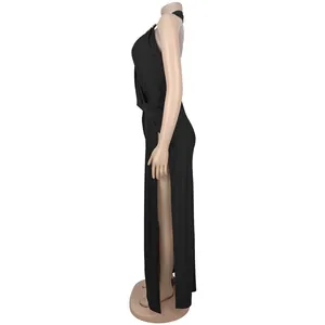 Side view of sexy black deep V halter backless maxi dress with high side slit for women