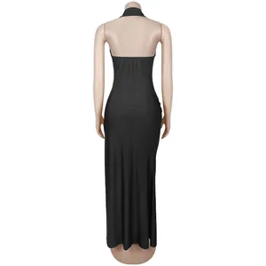 Rear view of a sexy black halter neck backless bodycon maxi dress for elegant evening wear