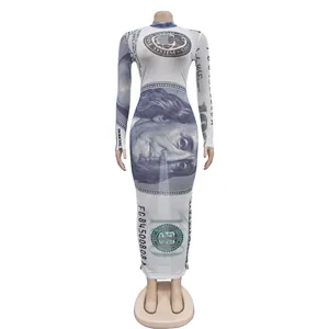 Close-up of sexy mesh maxi dress with high-definition US dollar bill print detail.