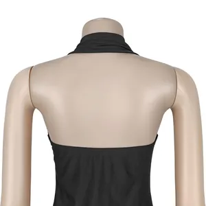 Detail back view of a sexy black halter neck backless bodycon dress on mannequin