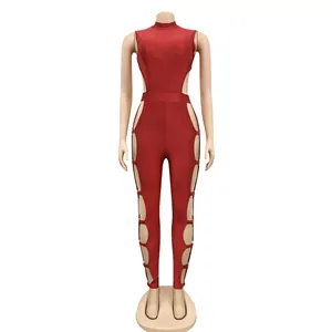 Sexy red sleeveless jumpsuit with side cut-outs and backless design on mannequin