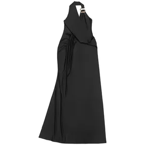 Elegant floor-length black halter neck dress featuring gold hardware and side ruching